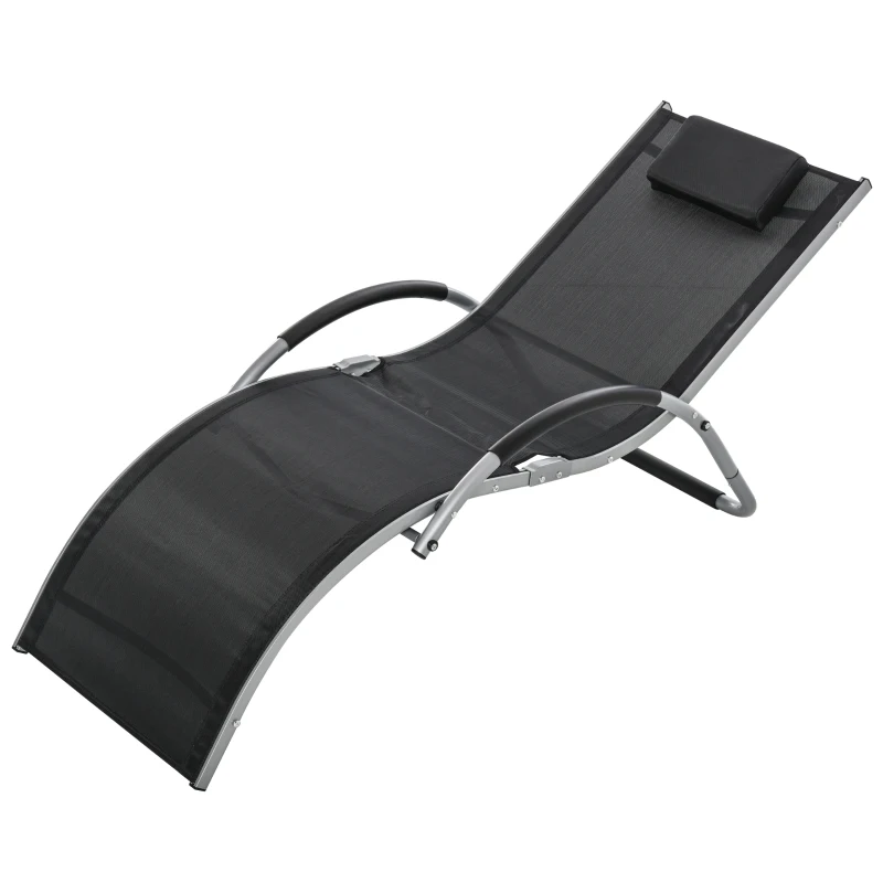 Outsunny Sezlong pentru Plaja din Aluminiu, Sezlong de Gradina din Textilen cu Tetiera Detasabila