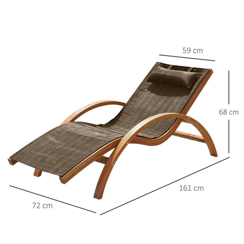 Outsunny Șezlong de Grădină Ergonomic cu Tetieră Căptușită din Lemn și Țesătură, 161x72x68 cm, Maro