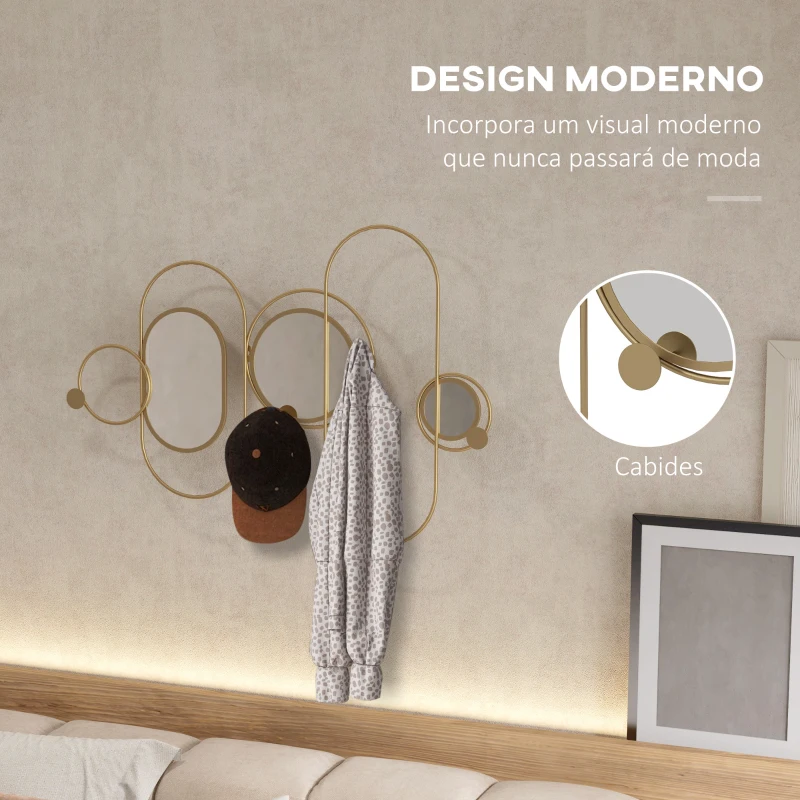 HOMCOM Cabide de Parede com 4 Ganchos e 3 Espelhos Decorativos para Pendurar Casacos Bolsas para Entrada Corredor 106x71 cm Dourado