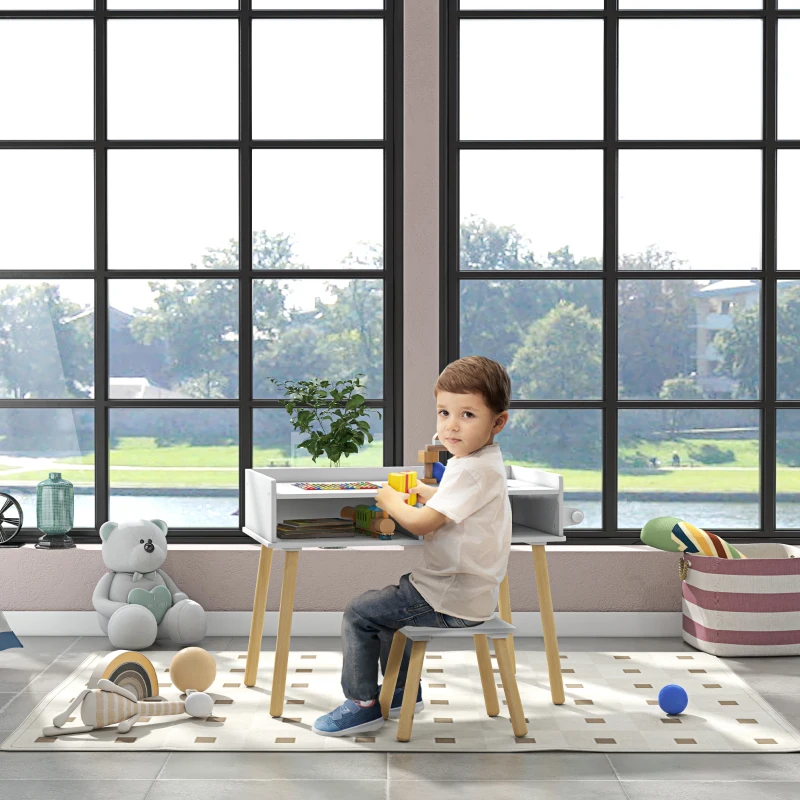 HOMCOM Set de Masă și Scaun pentru Copii, Masă de Activități pentru Copii Mici 3 în 1 cu Tablă de Construcție, 87x45x59.5 cm, Alb(m-2)