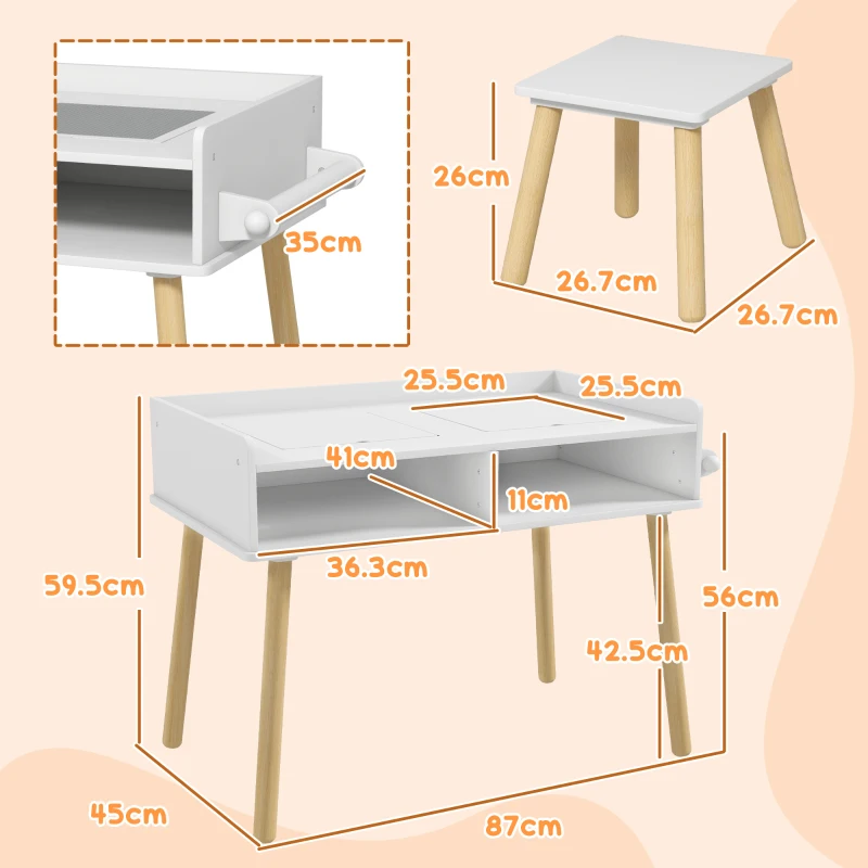 HOMCOM Set de Masă și Scaun pentru Copii, Masă de Activități pentru Copii Mici 3 în 1 cu Tablă de Construcție, 87x45x59.5 cm, Alb(m-3)