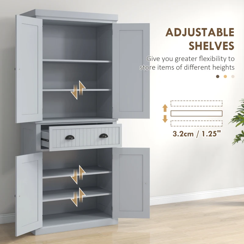 HOMCOM 183cm Freestanding Kitchen Cupboard, Tall Storage Cabinet with 4 Doors and 3 Adjustable Shelves, Traditional Kitchen Pantry Cupboard for Dining Room, Grey