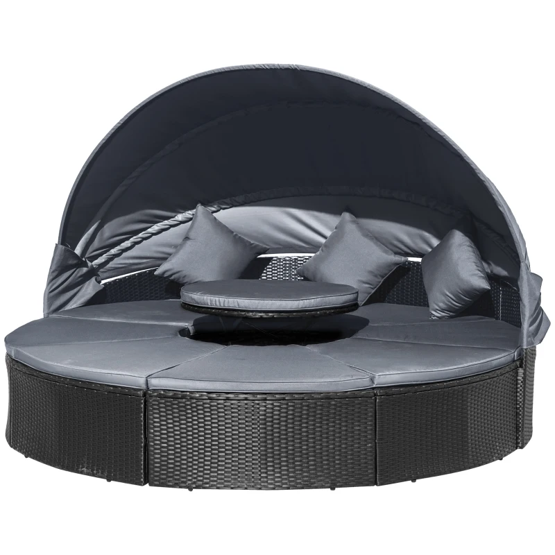 Outsunny 4 Pieces PE Rattan Garden Daybed Set, Outdoor Wicker Cushioned Round Sofa Bed Conversation Furniture with Coffee Table & Canopy, Black