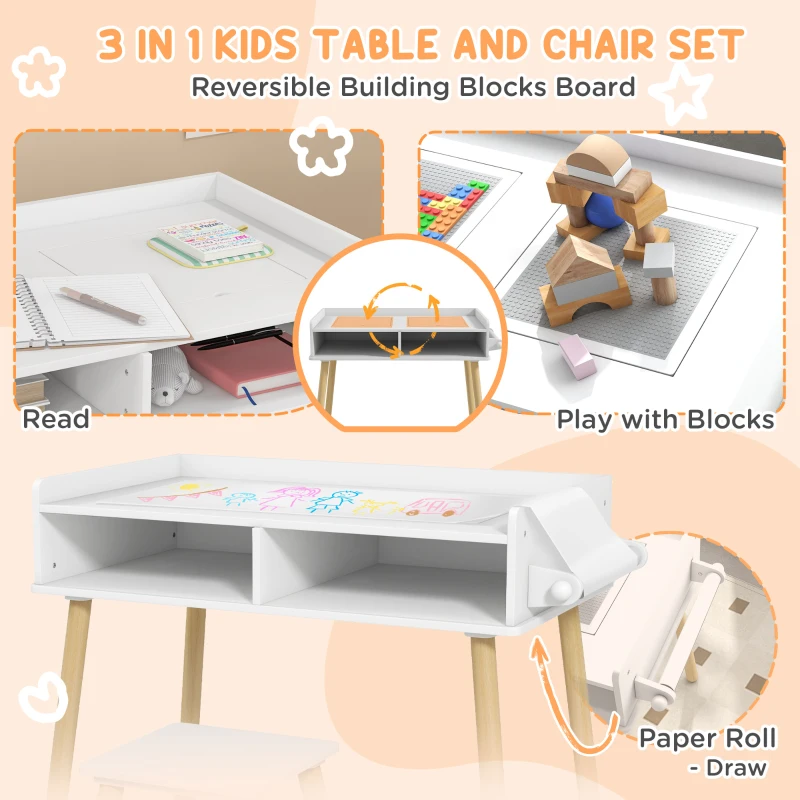 HOMCOM Set de Masă și Scaun pentru Copii, Masă de Activități pentru Copii Mici 3 în 1 cu Tablă de Construcție, 87x45x59.5 cm, Alb(m-4)