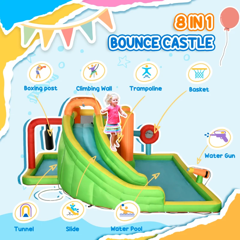 Outsunny 7 in 1 pentru copii Tobogan de apa Bounce House tobogan, trambulina, piscina, pentru copii de 3-8 ani