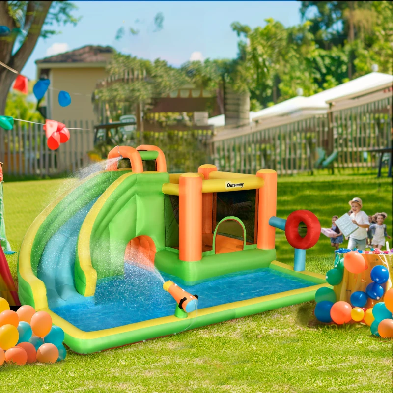 Outsunny 7 in 1 pentru copii Tobogan de apa Bounce House tobogan, trambulina, piscina, pentru copii de 3-8 ani