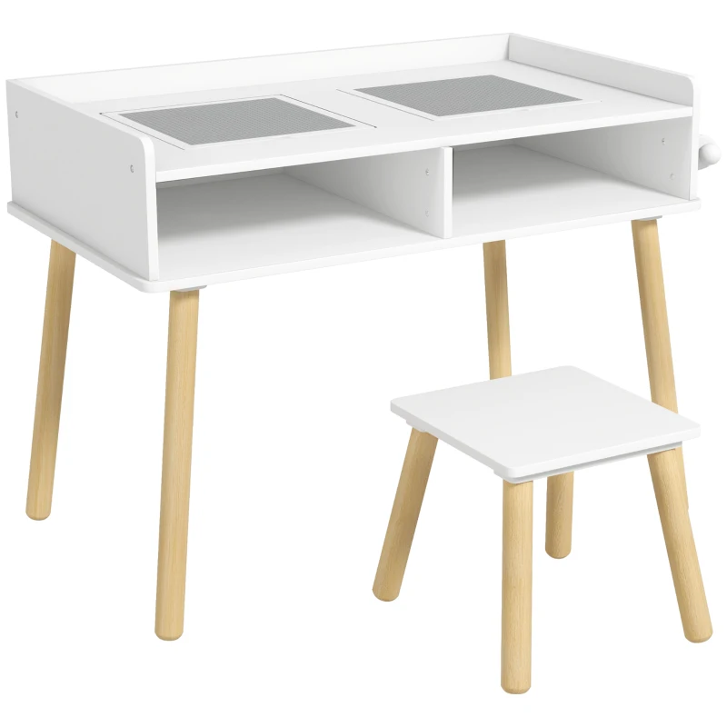 HOMCOM Set de Masă și Scaun pentru Copii, Masă de Activități pentru Copii Mici 3 în 1 cu Tablă de Construcție, 87x45x59.5 cm, Alb(m-10)