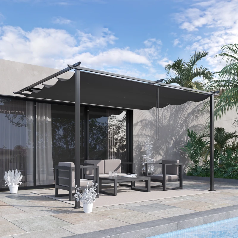 Outsunny Foisor tip pergola din otel si poliester cu acoperis de protectie culisant, suruburi si carlige incluse, 390x290x220 cm, gri(m-10)