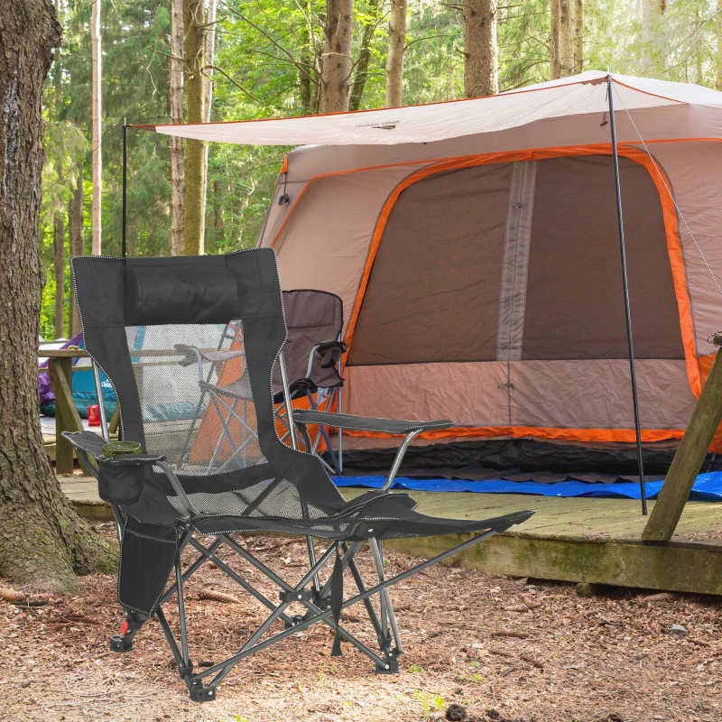 Outsunny Scaun pliant pentru camping cu spatar inclinabil si suport pentru picioare, scaun pliabil cu suport pentru pahare si buzunar, 58x148x90cm, negru