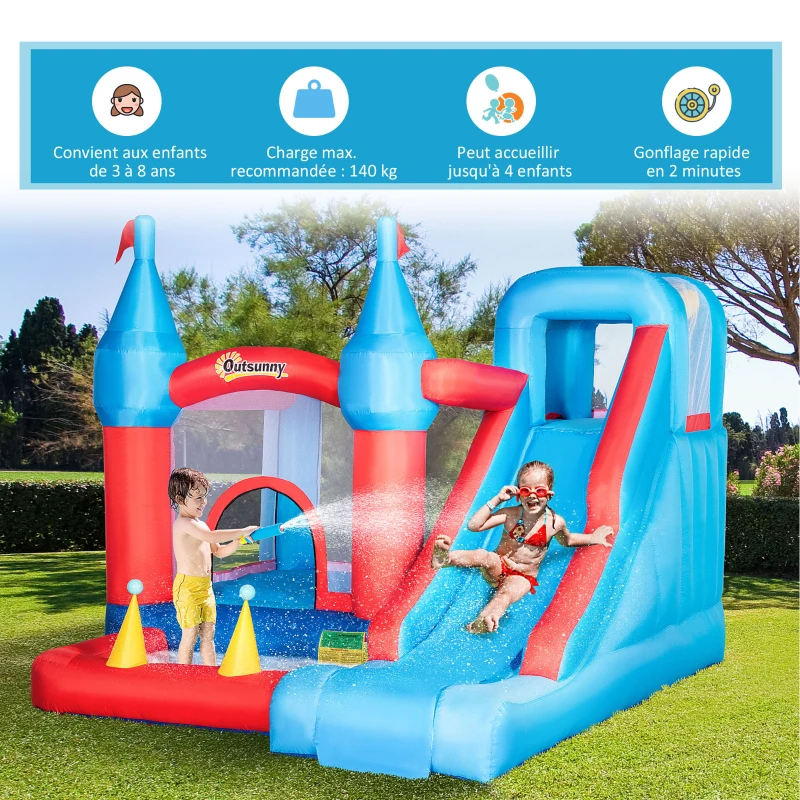 Outsunny Château Gonflable avec Toboggan Trampoline Piscine et Mur d'escalade pour 4 enfants +3 Ans juaqu'à 140 kg avec Sac de Transport Souffleur 450W dim. 333L x 280l x 210H cm - Multicolore