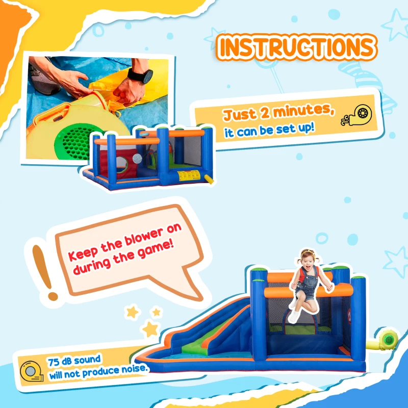 Outsunny 4 in 1 pentru copii Tobogan de apa Bounce House tobogan, trambulina, piscina, pentru copii de 3-8 ani
