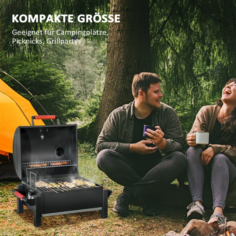 Outsunny Houtskoolgrill met Deksel, Warmhoudrooster, Aslade, Thermometer, Roestvrij, 68,5x50x54cm, Zwart/Rood