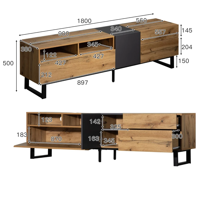 Mobilă TV modernă cu design în blocuri de culoare, textură de lemn și suprafață lucioasă, 180x38x50 cm, natural și negru