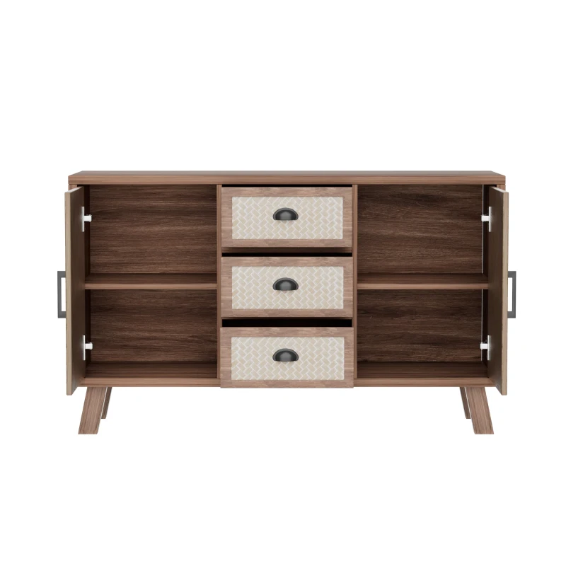 Credenza con Motivo a Spina di Pesce, Tre Cassetti e Due Ante, Gambe in Legno Massello, color Legno Naturale