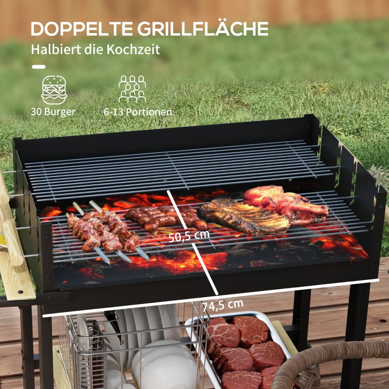 Outsunny Houtskoolbarbecue, Barbecuekar, 2 Grillroosters, 2 wielen, Handvatten, Opbergrekken, 113 x 53,5 x 82,5 cm, Zwart
