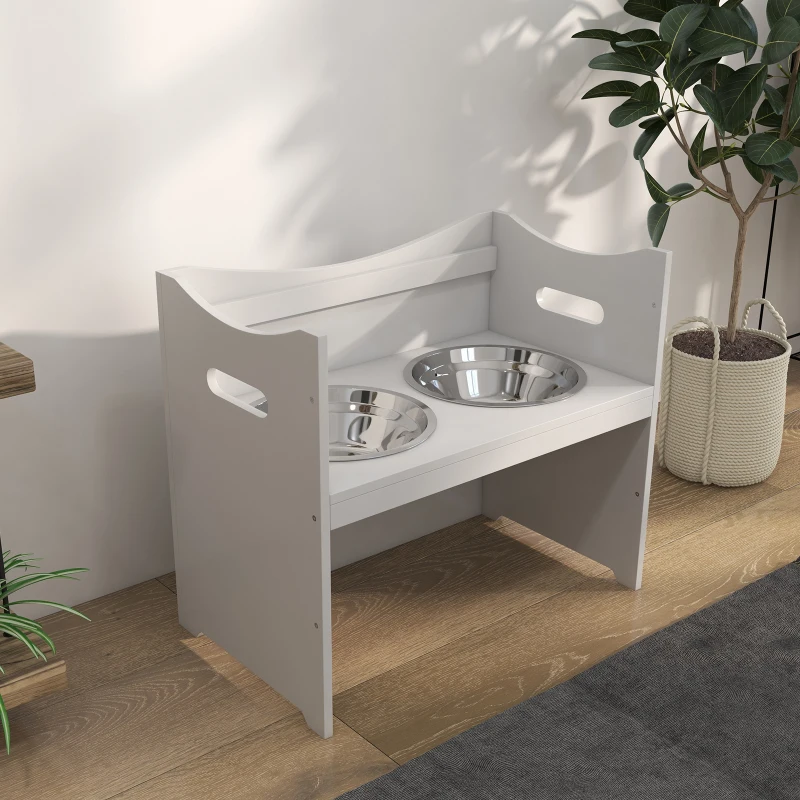 PawHut Voederstation voor Honden, 2 Roestvrijstalen kommen, verstelbaar in hoogte, 54x31,5x47cm, Wit