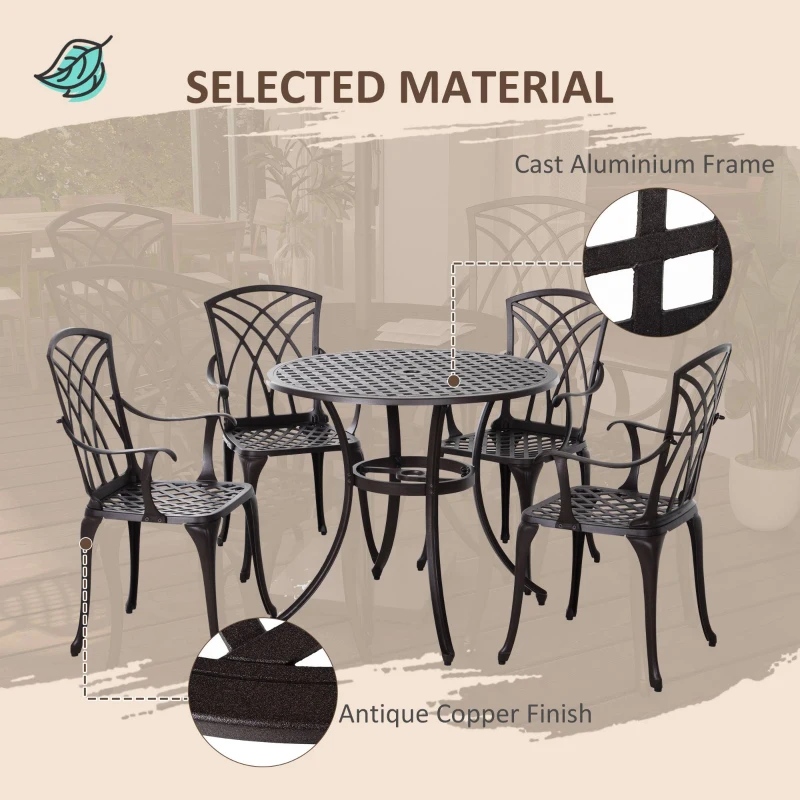 Outsunny 5 Pieces Outdoor Dining Table Set, Cast Aluminium Patio Conversation Furniture Set with 4 Armchairs, a Round Dining Table with Parasol Hole, Brown