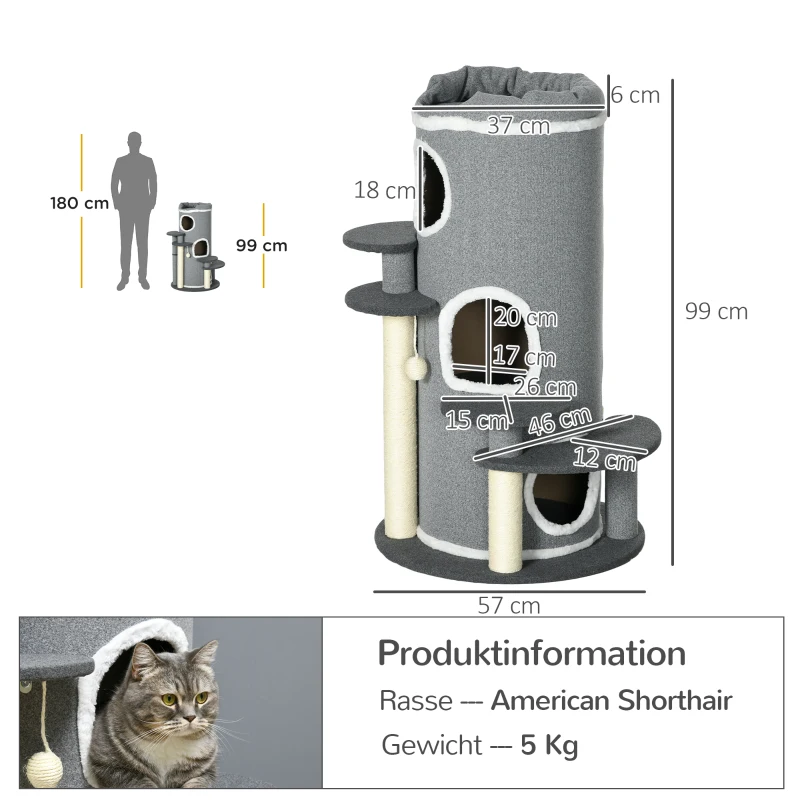 PawHut Drapak dla Kota, 2 Kocie Jaskinie, 4 Platformy, 4 Słupy do Drapania, 57 cm x 57 cm x 99 cm, Szary + Biały