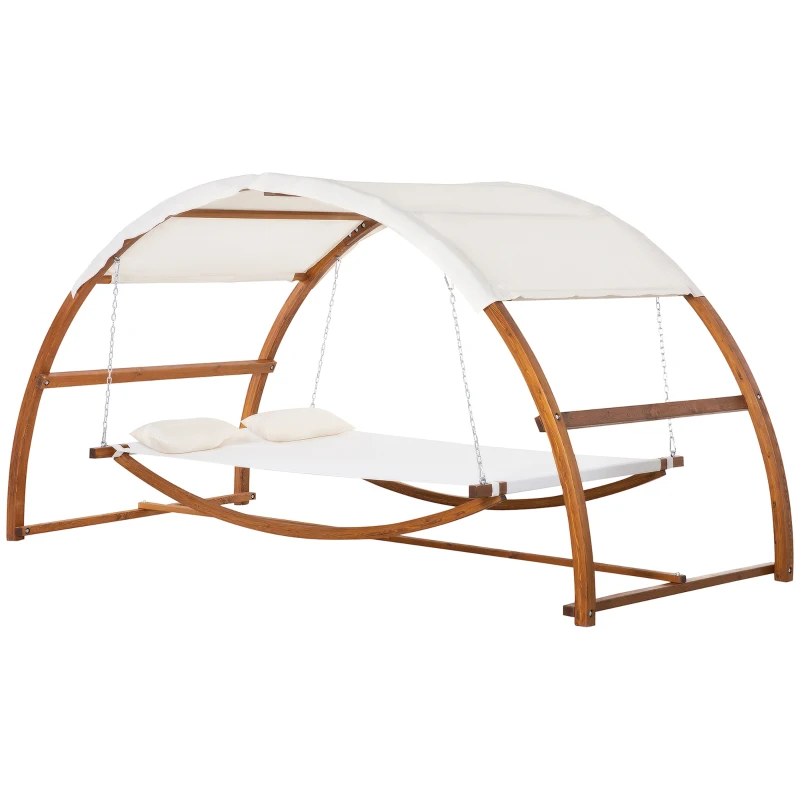 Outsunny Hängematte mit Holz Gestell und Sonnendach Hammock mit 2 Kopfkissen Stabhängematte Outdoor Indoor Cremeweiß+Natur 322 x 160 x 173 cm