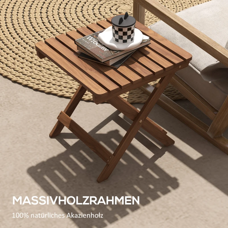 Outsunny Bijzettafel Buiten, 2-delige Tuintafel, Inklapbare Kampeertafel van Hout, Klaptafel voor Tuin, Balkon, Teak, 45 x 45 x 45 cm