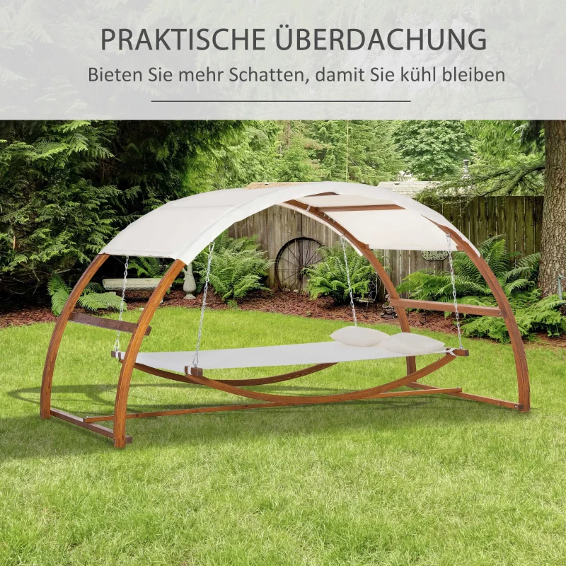 Outsunny Hängematte mit Holz Gestell und Sonnendach Hammock mit 2 Kopfkissen Stabhängematte Outdoor Indoor Cremeweiß+Natur 322 x 160 x 173 cm