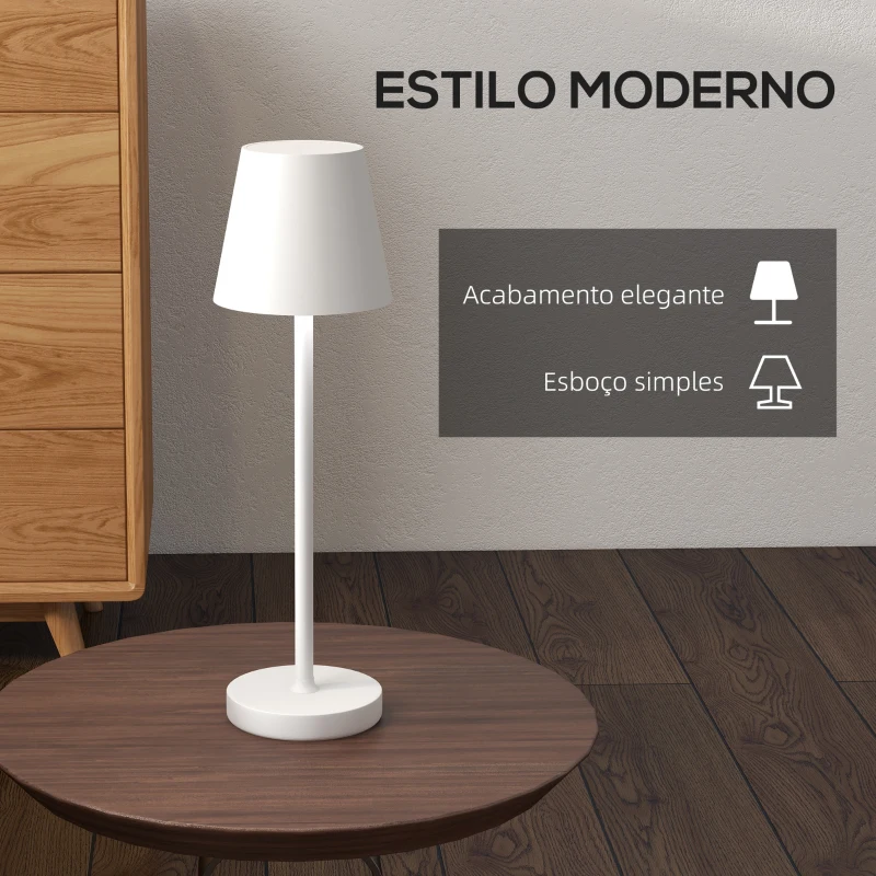 HOMCOM Candeeiro de Mesa com Luzes LED Candeeiro de Mesa Sem Fios Recarregável por USB-C 3 Cores Ø11,2x36,5 cm Branco
