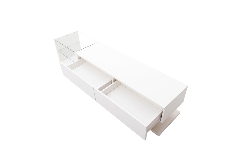 Mobile TV bianco lucido con pavimenti in vetro e illuminazione a L, Bianco