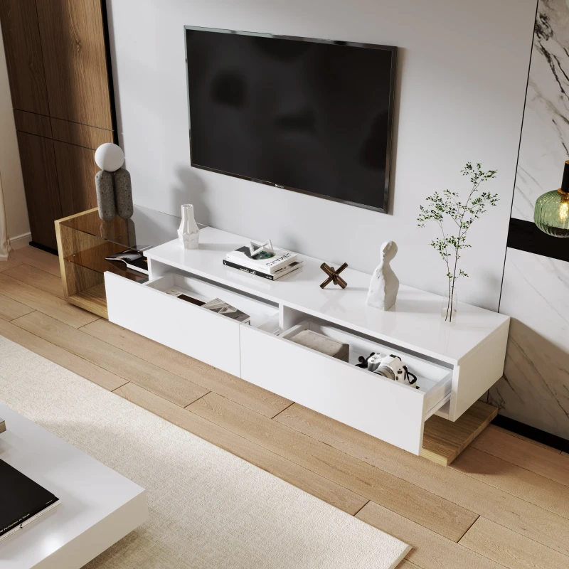 Mobile TV Moderno stile country con colori bianco lucido e legno, pannelli in vetro e illuminazione a LED, Bianco