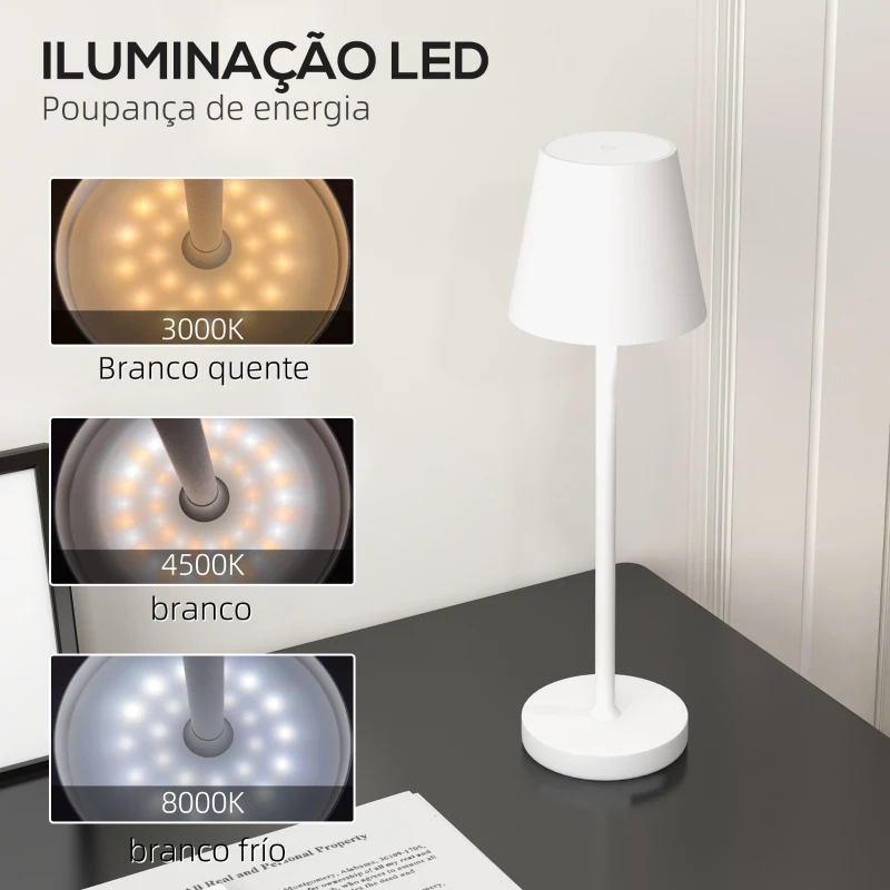 HOMCOM Candeeiro de Mesa com Luzes LED Candeeiro de Mesa Sem Fios Recarregável por USB-C 3 Cores Ø11,2x36,5 cm Branco