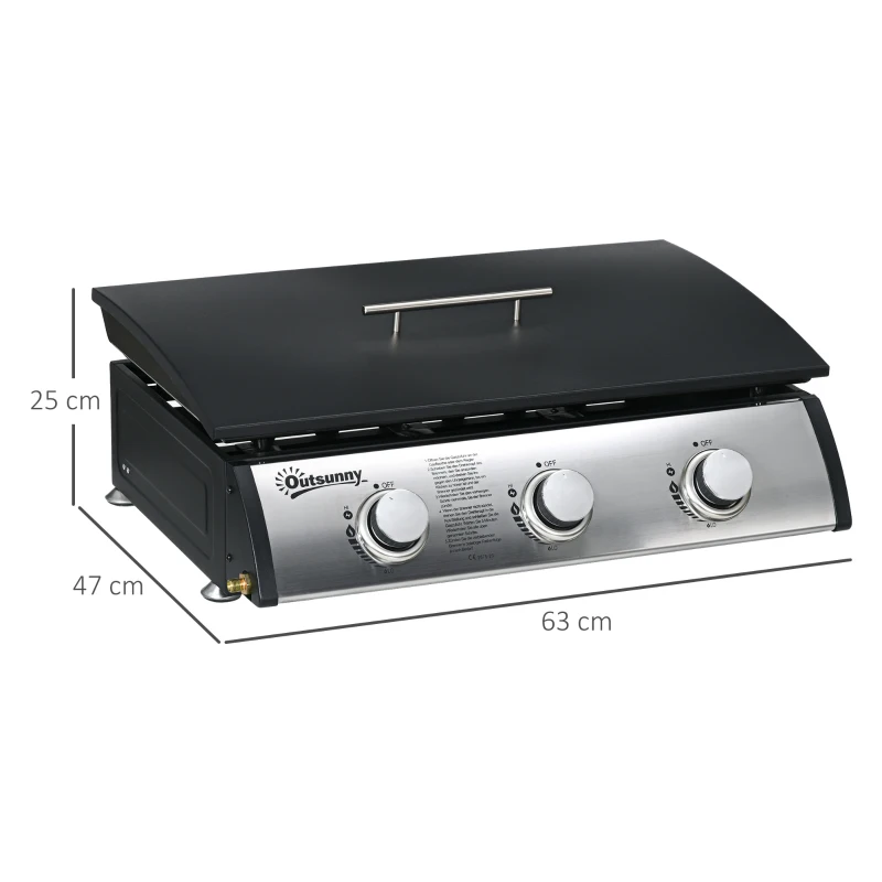 Outsunny Gasbarbecue met Deksel, 3 Branders, Vetopvangbakje, antikleef-plaat, 63x47x25 cm, Zwart/Zilver