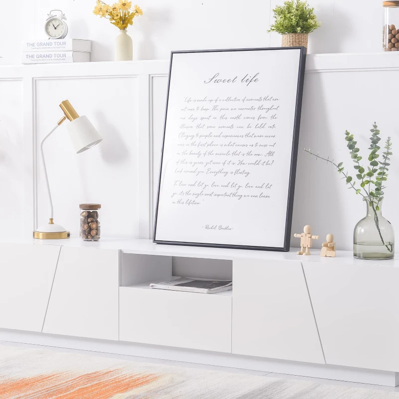 Mueble TV Moderno 170 cm Estilo Patchwork Diagonal Diseño Irregular Sin Manijas Puertas Brillantes Paneles de MDF Blanco