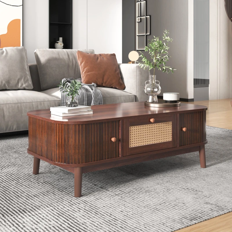 Mesa de Centro de Ratán con Cajones y Puertas de Listones de Madera Maciza Natural