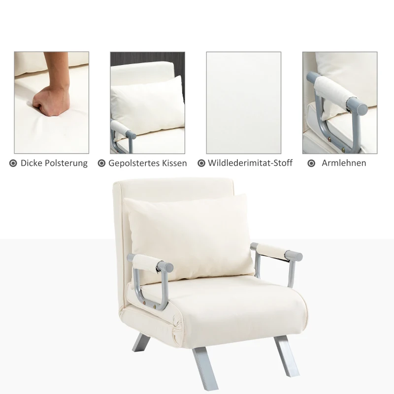 HOMCOM Relaxfauteuil Ligfauteuil Stoel, Ligfunctie, Logeerbed, 65 cm x 69 cm x 80 cm, Cremewit(m-6)