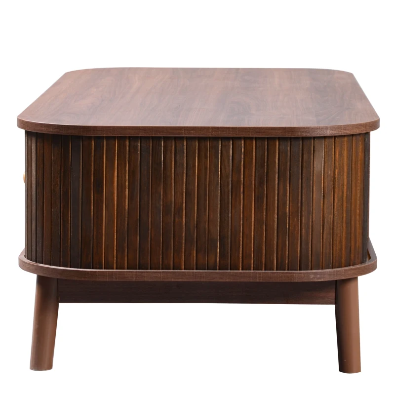 Mesa de Centro de Ratán con Cajones y Puertas de Listones de Madera Maciza Natural