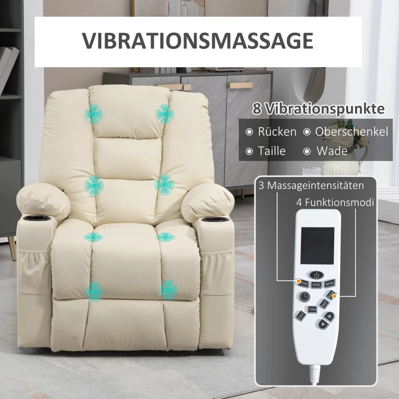 HOMCOM Massagesstoel Opstaande Hulp Seniorenstoel, incl. Afstandsbediening, 4 massage modi, 90 cm x 98 cm x 102 cm, Creme