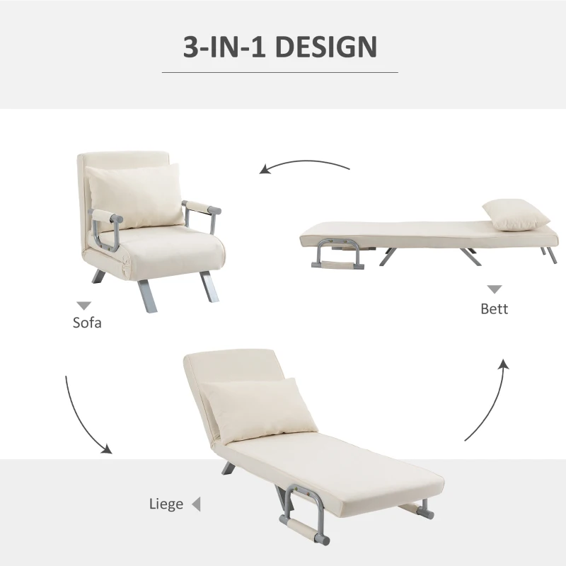 HOMCOM Relaxfauteuil Ligfauteuil Stoel, Ligfunctie, Logeerbed, 65 cm x 69 cm x 80 cm, Cremewit(m-5)