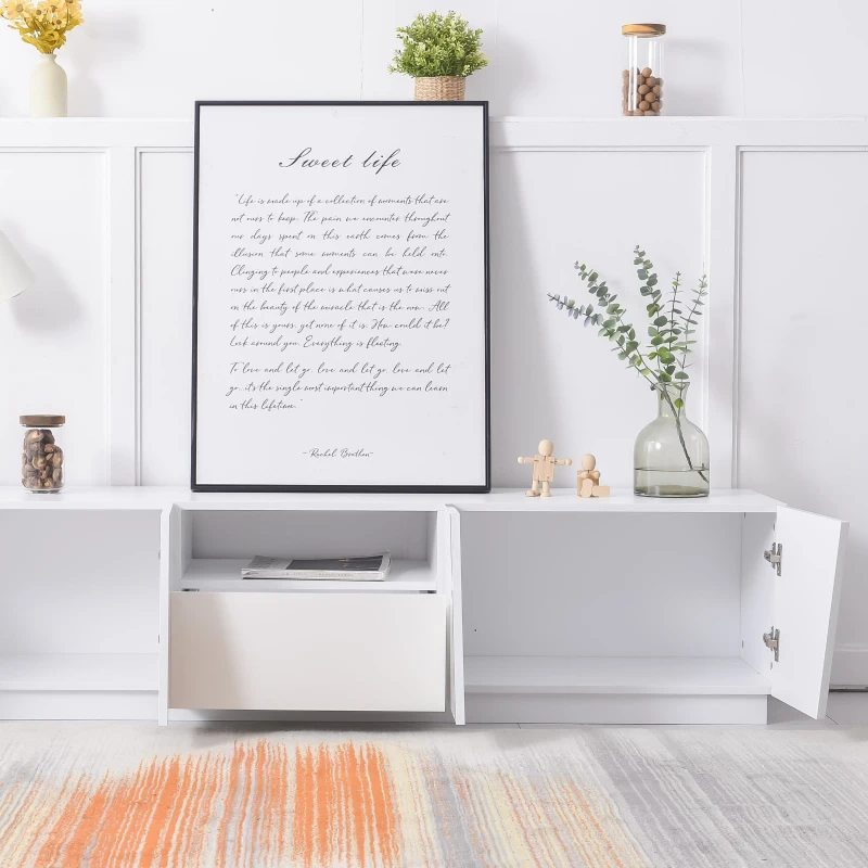 Mueble TV Moderno 170 cm Estilo Patchwork Diagonal Diseño Irregular Sin Manijas Puertas Brillantes Paneles de MDF Blanco