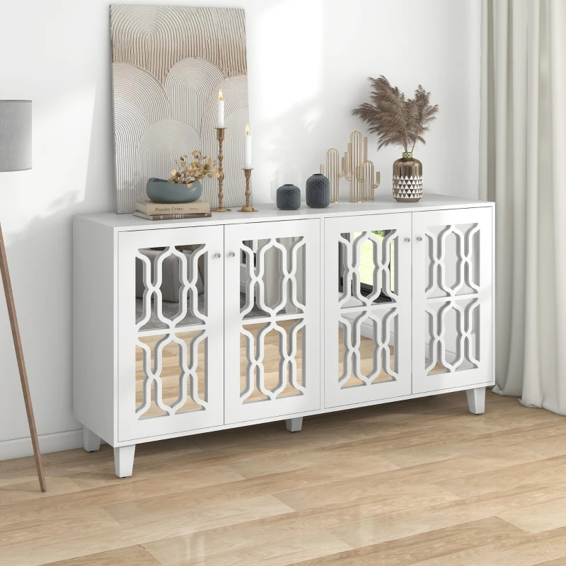 Cómoda Blanca Aparador con Espejo y Tiradores de Cristal 4 Puertas Estante Interior Ajustable Diseño Coordinado Perfecta para Salón y Comedor Blanco