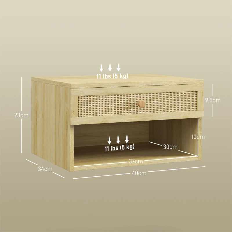 HOMCOM Set de 2 Noptiere Plutitoare, Noptiere cu Sertar din Ratan și Raft Deschis pentru Dormitor, 40x34x23 cm, Lemn Natural(m-3)