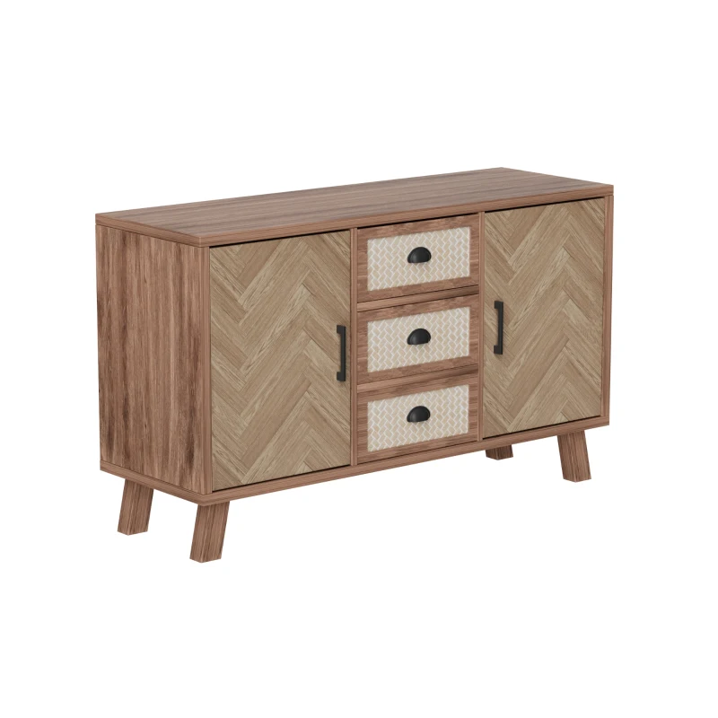 Credenza con Motivo a Spina di Pesce, Tre Cassetti e Due Ante, Gambe in Legno Massello, color Legno Naturale