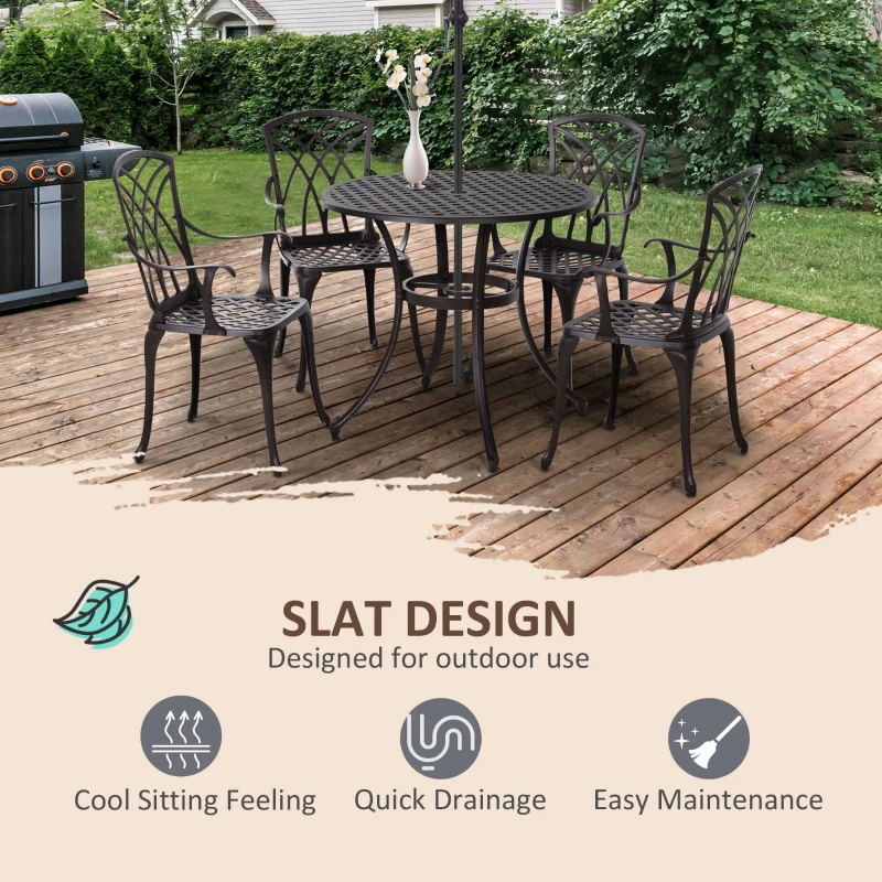 Outsunny 5 Pieces Outdoor Dining Table Set, Cast Aluminium Patio Conversation Furniture Set with 4 Armchairs, a Round Dining Table with Parasol Hole, Brown