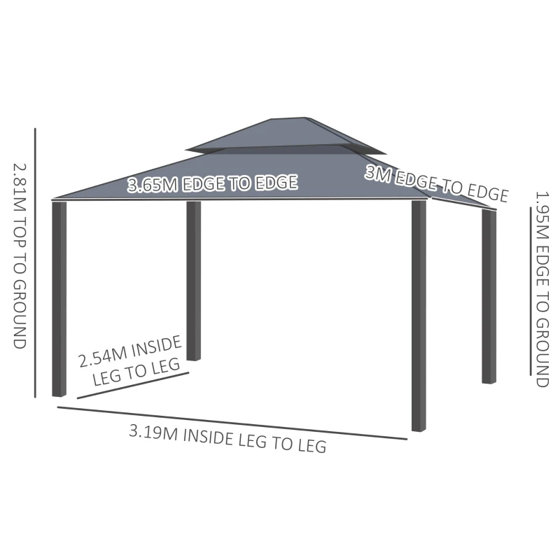 Outsunny 3 x 3.7m Outdoor Hardtop Gazebo Canopy Aluminium Frame with 2-Tier Roof & Mesh Netting Sidewalls for Patio, Grey