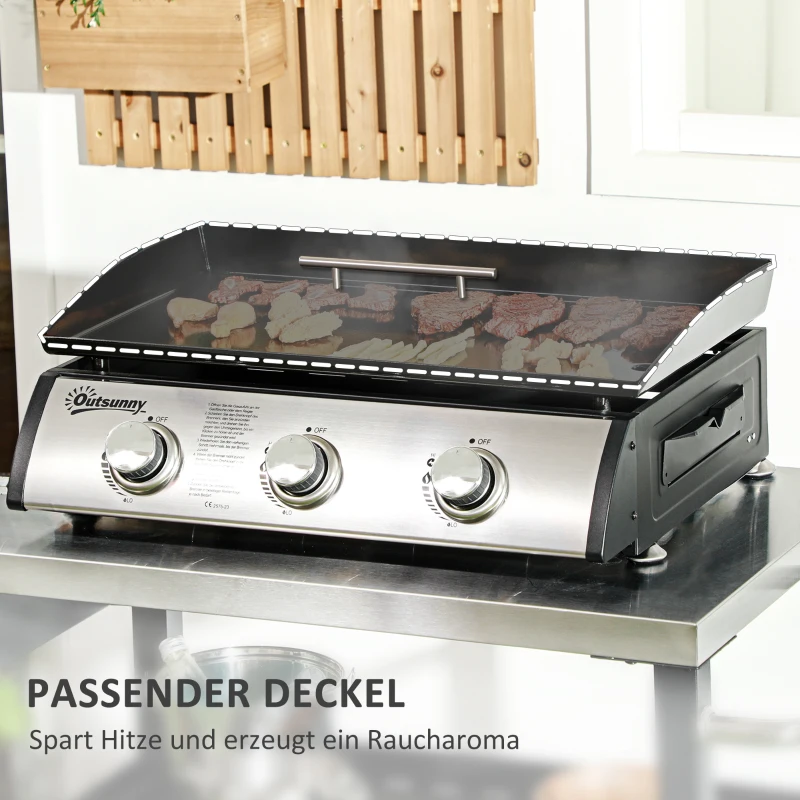 Outsunny Gasbarbecue met Deksel, 3 Branders, Vetopvangbakje, antikleef-plaat, 63x47x25 cm, Zwart/Zilver