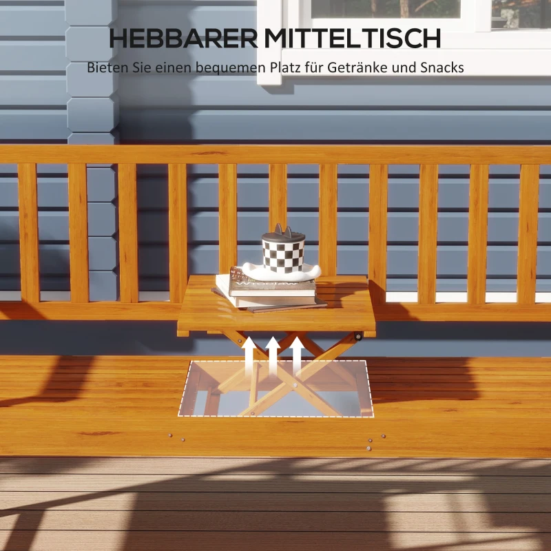 Outsunny Ławka ogrodowa Drewniana Ławka na zewnątrz z wysuwanym stołem, odporna na warunki atmosferyczne, Drewno Lite, 153 cm x 56 cm x 91 cm, Jasnobrązowy