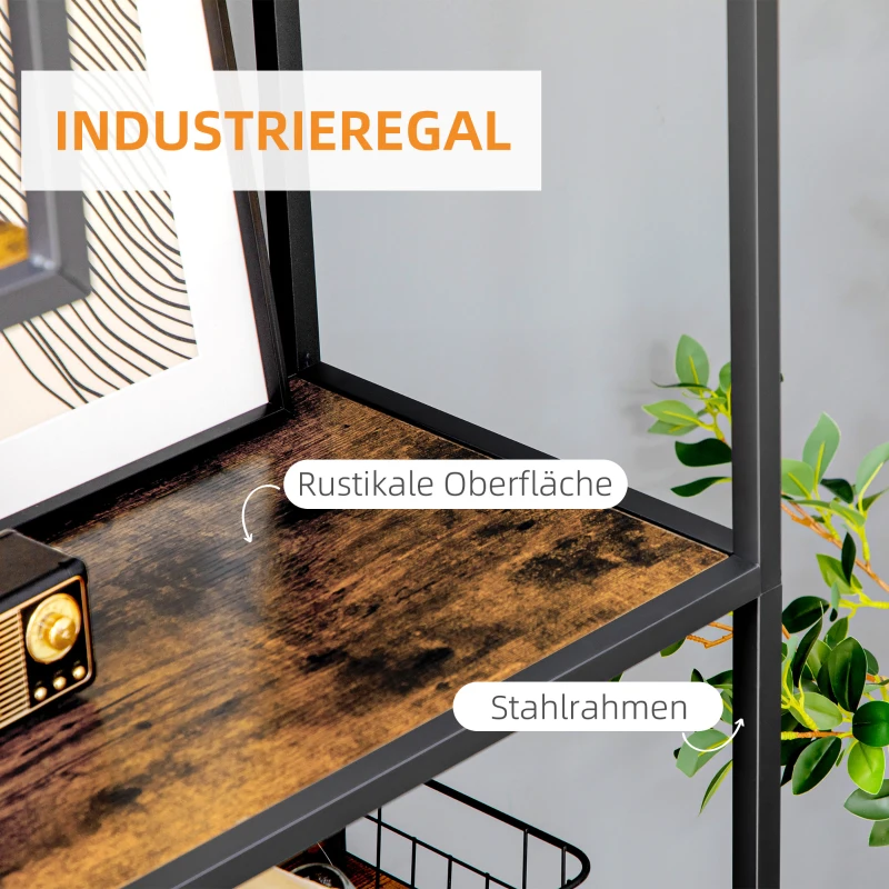 HOMCOM Bücherregal Wandregal Regal, Industrie-Design, 7 Regalböden, 83 cm x 34 cm x 180 cm, Braun + Schwarz