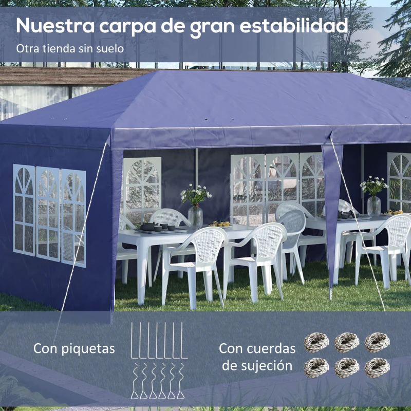 Outsunny Conjunto de Carpa Incluye 1 Carpa Plegable 6x3 m con 4 Laterales Desmontables y 2 Paredes Laterales 3x2 m Azul