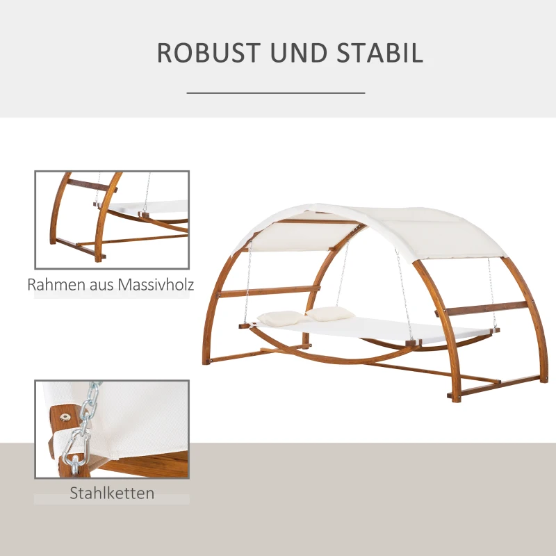 Outsunny Hängematte mit Holz Gestell und Sonnendach Hammock mit 2 Kopfkissen Stabhängematte Outdoor Indoor Cremeweiß+Natur 322 x 160 x 173 cm
