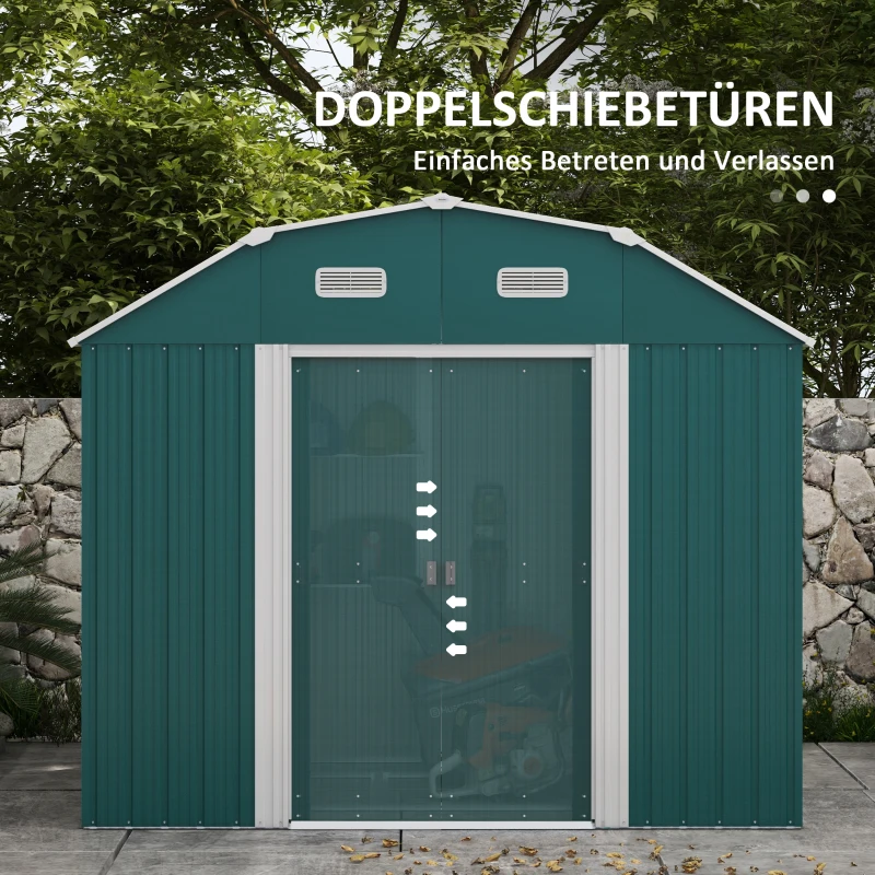 Szopa Ogrodowa Outsunny, Odporna na Warunki Atmosferyczne, 2 Okna, 2 Drzwi, 238 x 132 x 198,5 cm, Zielona