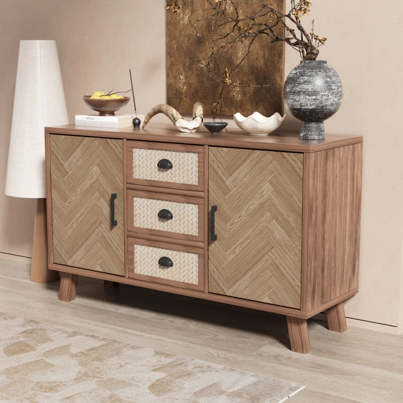 Credenza con Motivo a Spina di Pesce, Tre Cassetti e Due Ante, Gambe in Legno Massello, color Legno Naturale