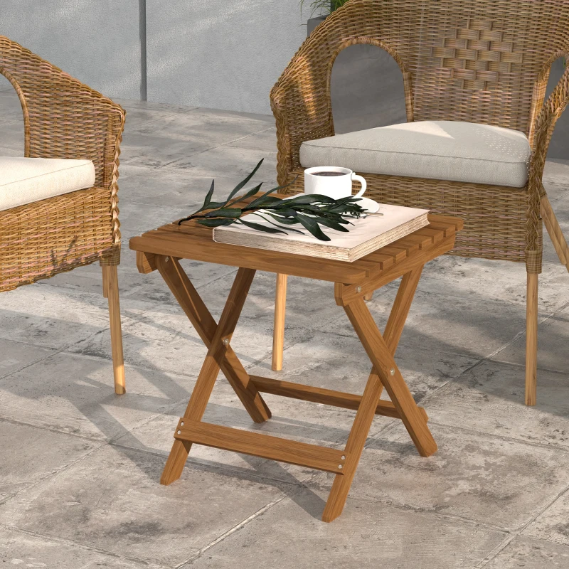 Outsunny Bijzettafel Buiten, 2-delige Tuintafel, Inklapbare Kampeertafel van Hout, Klaptafel voor Tuin, Balkon, Teak, 45 x 45 x 45 cm